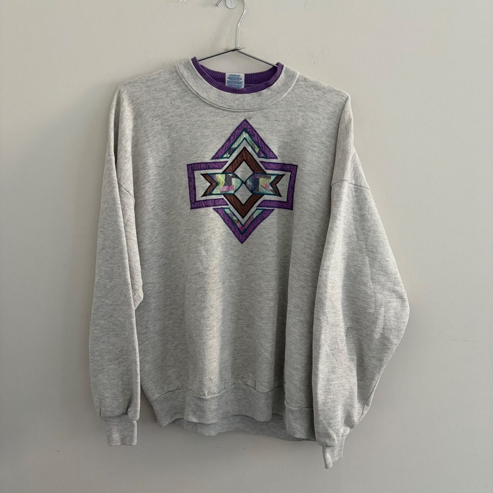 Vintage Jerzees Sweatshirt Gray Geometric Graphic Double Neck 2XL